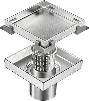 4-Inch Square Shower Drain with Removable Tile Insert Grate,Brushed 304 Stainless Steel,CUPC Certified, Includes Hair Strainer
