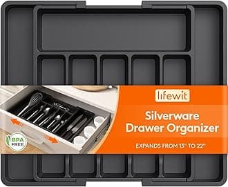Lifewit Silverware Drawer Organizer, Expandable Utensil Tray for Kitchen, BPA Free Flatware and Cutlery Holder, Adjustable Plastic Storage for Spoons Forks Knives, Large, Black