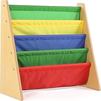 Humble Crew Primary Wooden Bookshelf for Children, 4 Tier Book Storage Organiser with Deep Fabric Pockets, Forward Facing Book Display for Easy Identification - Natural Wood/Red/Green/Blue/Yellow