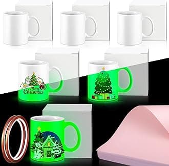 Ninehaoou 6 Pcs 11oz Sublimation Mug Glow in The Dark Sublimation Coffee Mugs Ceramic Straight Blank Mug with 10 Sheet A4 Heat Transfer Paper 1 Roll Heat Tape for Christmas Halloween Party