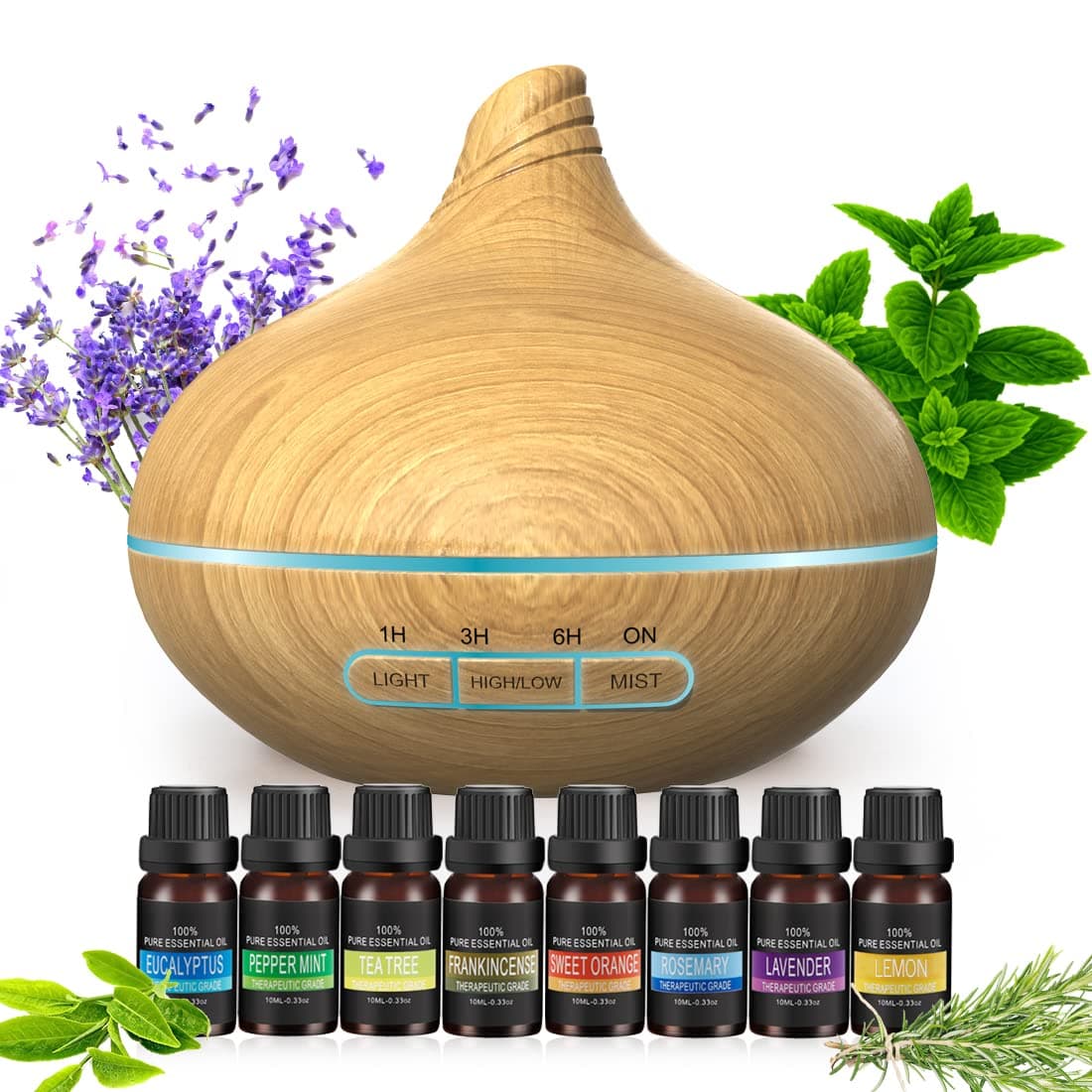 Essential Oil Diffuser for Home - 500ml Ultrasonic Aromatherapy Diffuser with 8 Essential Oils, Aroma Diffuser Mute Design, 15 LED Light Colors, Timer and Waterless Auto Shut-Off