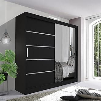 Contemporary Bedroom Sliding Wardrobe with LED Light - Spacious and Stylish Design comes in White/Grey/Black/Oak and Width 120cm/150cm/180cm/203cm/250cm (Black, 180cm)
