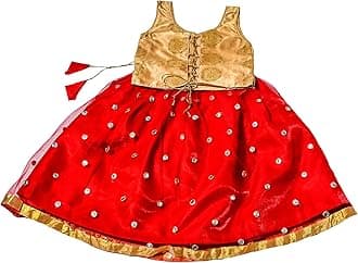 TRADITION INDIAGold Brocade & Red Net Sleeveless Lehenga Choli Set, Designer Pattu Pavadai, Kids Ethnic Wear