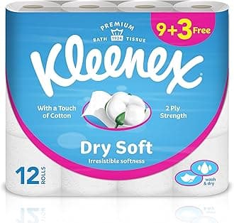 Kleenex Dry Soft Toilet Tissue Paper, 2 PLY, 12 Rolls x 200 Sheets, Embossed Bathroom Tissue with a Touch Of Cotton