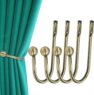 Curtain Holdback, 4 Pcs Wall Mounted Drapery Tiebacks with Screws, Heavy Duty Metal Decorative Window Drapery Holder Curtain Hook, Brass