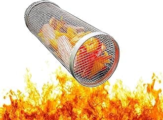 Rolling Grill Basket,Stainless Steel Wire Mesh Cylinder Grilling Basket, Portable Outdoor Camping Barbecue Rack for Vegetables,French Fries,Fish,Versatile Round Grill Cooking Accessories