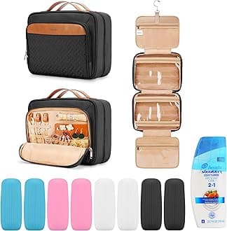 Travel Hanging Toiletry Bag for Women, Cruise Ship Essentials, with Jewelry Organizer, Medium Makeup Dopp Kit, Waterproof Cosmetic Bags, Toiletries Kit Set Accessories with Trolley Belt, Black