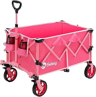 Sekey Pink Collapsible Foldable Wagon with 330lbs Weight Capacity, Heavy Duty Folding Wagon Cart with Big All-Terrain Wheels & Drink Holders. Pink