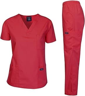 Dagacci Medical Uniform Woman and Man Scrub Set Unisex Medical Scrub Top and Pant, RED (Large)