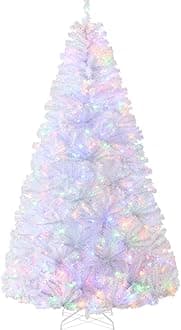 Best Choice Products White Christmas Tree 7.5ft Pre-Lit Artificial Pine Tree Premium Holiday Decoration w/ 2-in-1 Multicolored Lights, Metal Stand