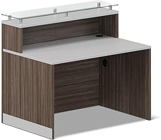 - NBF Modern Small Reception Desk Counter Office Lobby Salon Durable Driftwood Laminate Cable Management Desk Compact 48" W x 32" D