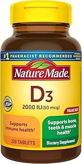Nature Made Vitamin D3 2000 IU (50 mcg), Dietary Supplement for Bone, Teeth, Muscle and Immune Health Support, 220 Tablets, 220 Day Supply