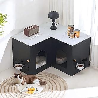 Corner Litter Box Enclosure for 2 Cats, 31.5" Hidden Cat Litter Box Furniture with Collapsible Cat Feeding Station, Indoor Litter Box Cabinet, 31.5 x 17.7 x 19.7 in, Black