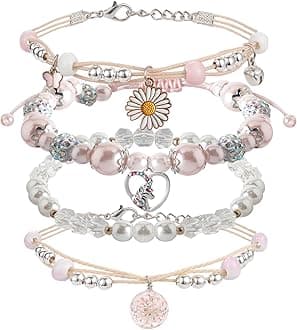 DS 4PCS Beaded Charm Bracelets for Teen Girls Dainty cute cartoon Crystal Beads Pearl Bracelets anklets set for woman and girls Adjustable Stretch bracelet birthday Gift For Friends