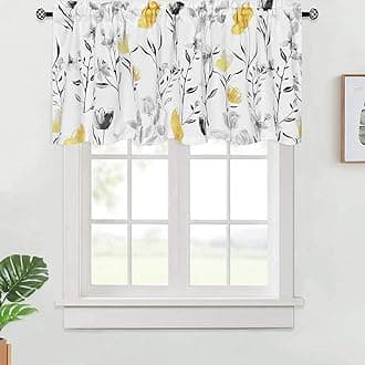 Floral Kitchen Valance Curtains Watercolor Flower Leaves Window Valances Yellow and Gray Floral Kitchen Curtains, Rod Pocket Small Window Treatment Valance for Bathroom Basement, 52 x 18 Inches