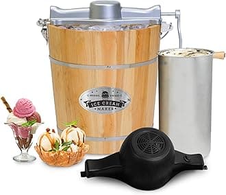 Elite Gourmet Old Fashioned 4 Quart Vintage Wood Bucket Electric Ice Cream Maker Machine Appalachian, *Bonus Classic Die-Cast Hand Crank for Churning, Uses Ice and Rock Salt Churns Ice Cream in Minute