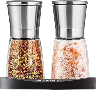 Salt and Pepper Shakers Set Adjustable Coarseness Pepper Grinder Mill for Sea Salt Spice Stainless Steel Glass 2 Pack
