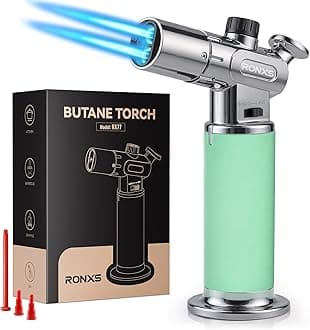 Butane Torch, RONXS Double Flame Kitchen Blow Torch Adjustable Refillable Cooking Torch Lighter with Continuous Flame for Creme Brulee, Baking, BBQ (Not Gas)