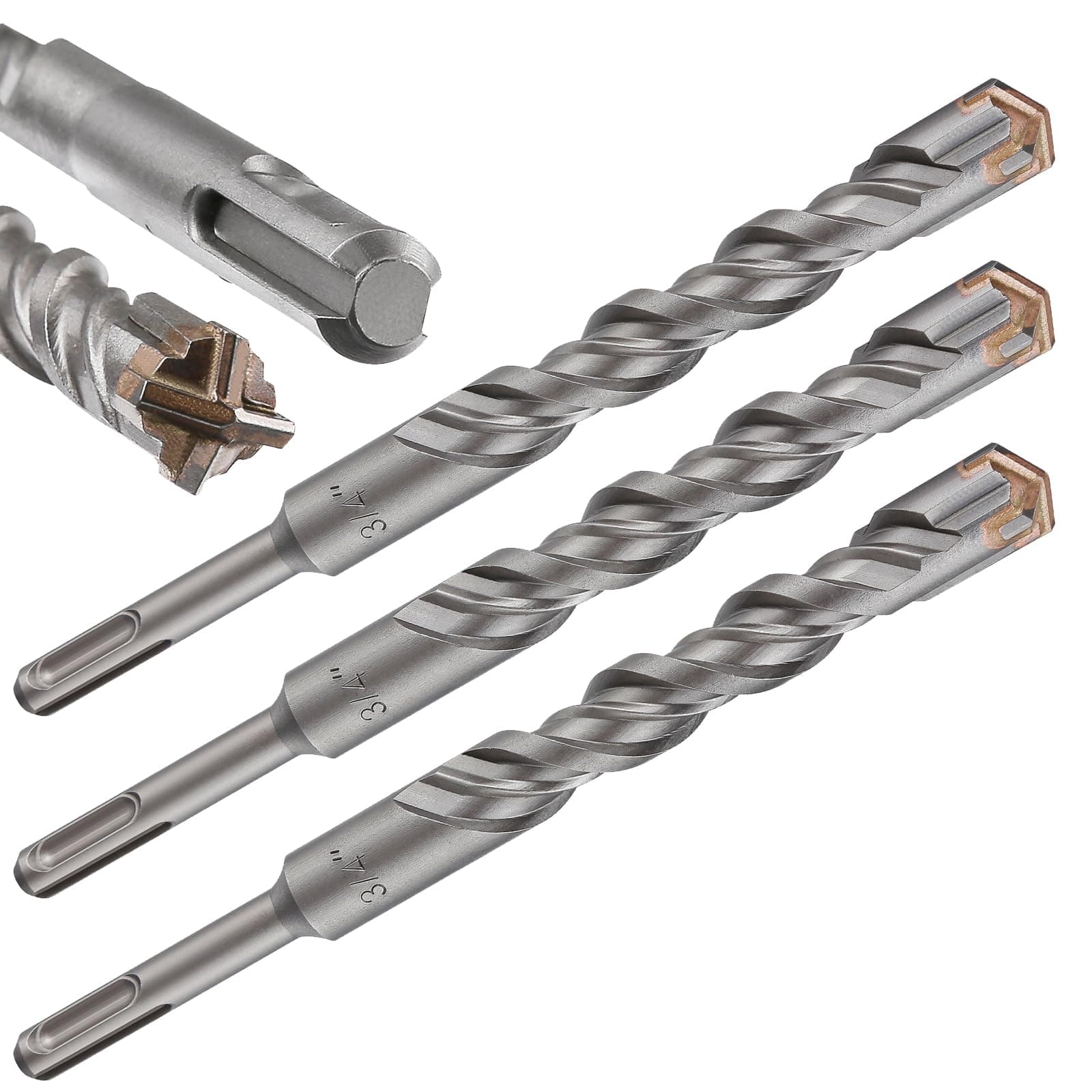 3pcs 3/4" X 8"-6" Cross-Type Double Thread Carbide Drill Bits for Concrete, Brick, Stone, Hammer Drill Bits