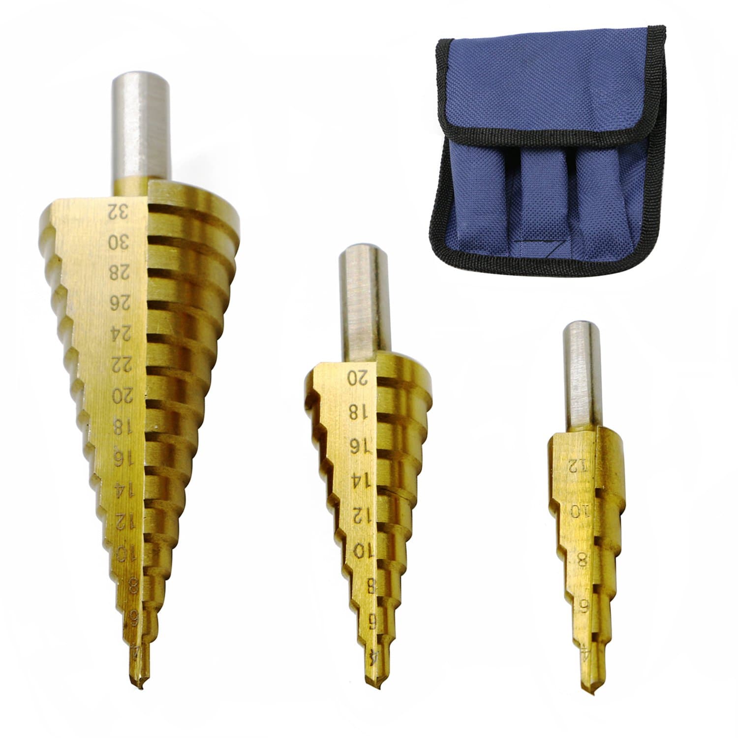 3 PCS HSS Titanium Coated Cone Step Drill Bit Set, Metal High Speed Steel Stepped Unibit Bit Kit for Drilling Sheet Metal, Plastic, Wood Hole Cutter, Metric 4-12/20/32mm