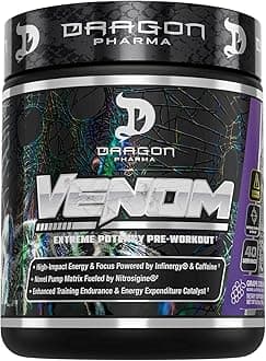 DRAGON PHARMA Venom Extreme Potency Pre-Workout, Laser Sharp Focus + Energy, Intense Performance, Proven Ingredients for Enhanced Vasodilation & Endurance (40 Servings, Grape Crush)