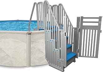 Confer Entry System for Above Ground Pools | White Frame with Blue Steps | All Resin Bridge System with Handrails and Gate