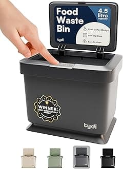 Tydi 4.5L Food Waste Bin with Press-Button Lid – Compost Bins for Kitchen - Anti-Slip Base and Secure Lid Kitchen Compost – Small Indoor Caddy for Cupboard or Countertop – Dark Grey