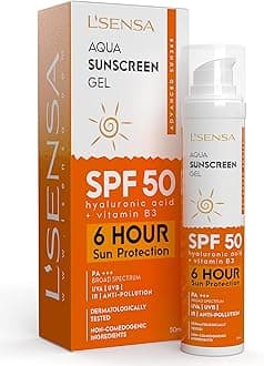 L'SENSA Sunscreen SPF 50 for Oily Skin, Anti-Tan, Waterproof Sun cream, 1% Hyaluronic Aqua Gel, Free from Oxybenzone, For Oily, Combination & Ace Prone Skin, Make-Up Friendly For Women & Men, 50Gram
