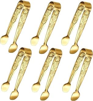 Sunenlyst 6PCS Mini Serving Tongs, 4Inch Rose Stainless Steel Sugar Cube Tongs, Sliver Small Ice Tongs for Tea and Coffee Party, Appetizers, Desserts (6PCS Gold)