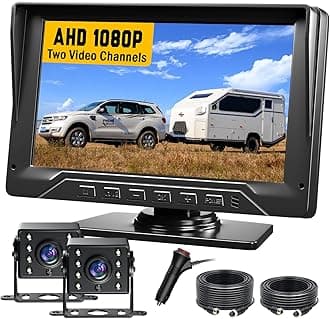 Dual RV Backup Camera Plug and Play, 7'' Backup Camera for Truck Trailer, No Delay, 1080P HD, 2 Channels, 150° Wide Angle, DIY Guide Lines, Night Vision, IP69 Rear View Camera