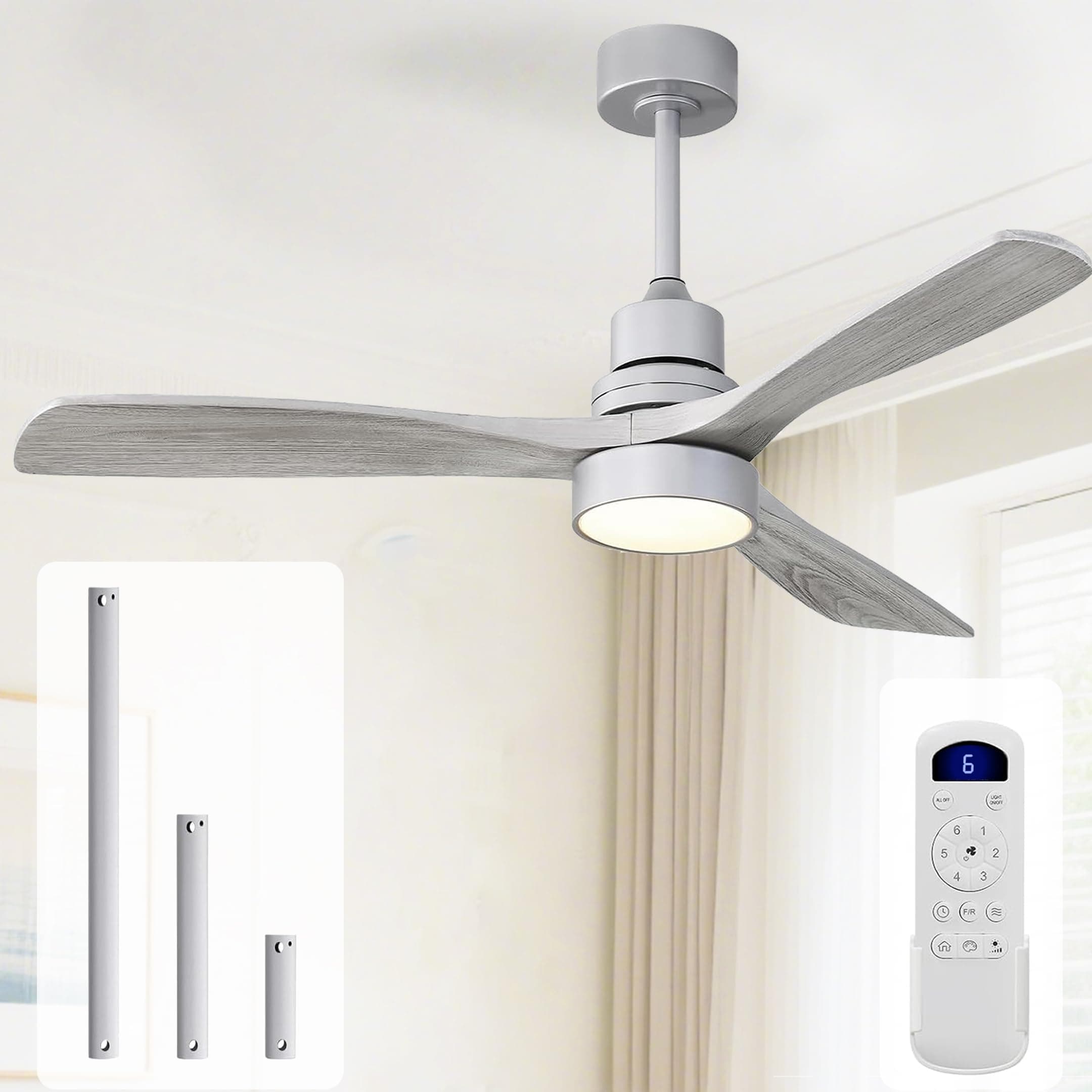 Sofucor 52 Inch Ceiling Fan with Lights and Remote Control-Modern Solid Wood Blade Ceiling Fan for Bedroom Living Room Indoor Outdoor Farmhouse Patio, Quiet DC Motor, Silver Grey