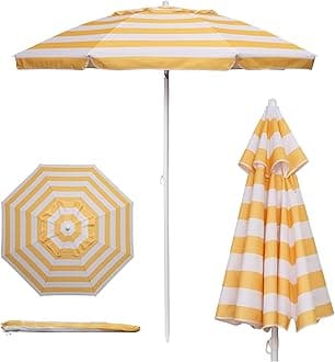 PICNIC TIME 5.5 Ft Portable Beach Umbrella, Lightweight UV Protection Sunshade with Tilt Pole & Carry Bag, Outdoor Canopy Umbrella for Beach, Sand, Pool, Patio, Camping, Travel, or Backyard Shade, (Yellow Cabana Stripe)