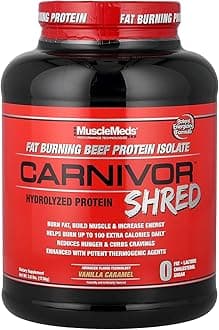 MuscleMeds Carnivor Shred Fat Burning Hydrolized Beef Protein Isolate, 0 Lactose, 0 Sugar, 0 Fat, Halal Certified, Vanilla Caramel, 4 Pound, 56 Servings