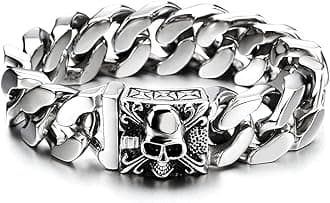 Mens Large Vintage Brushed Finishing Steel Curb Chain Bracelet with Fleur De Lis and Skull