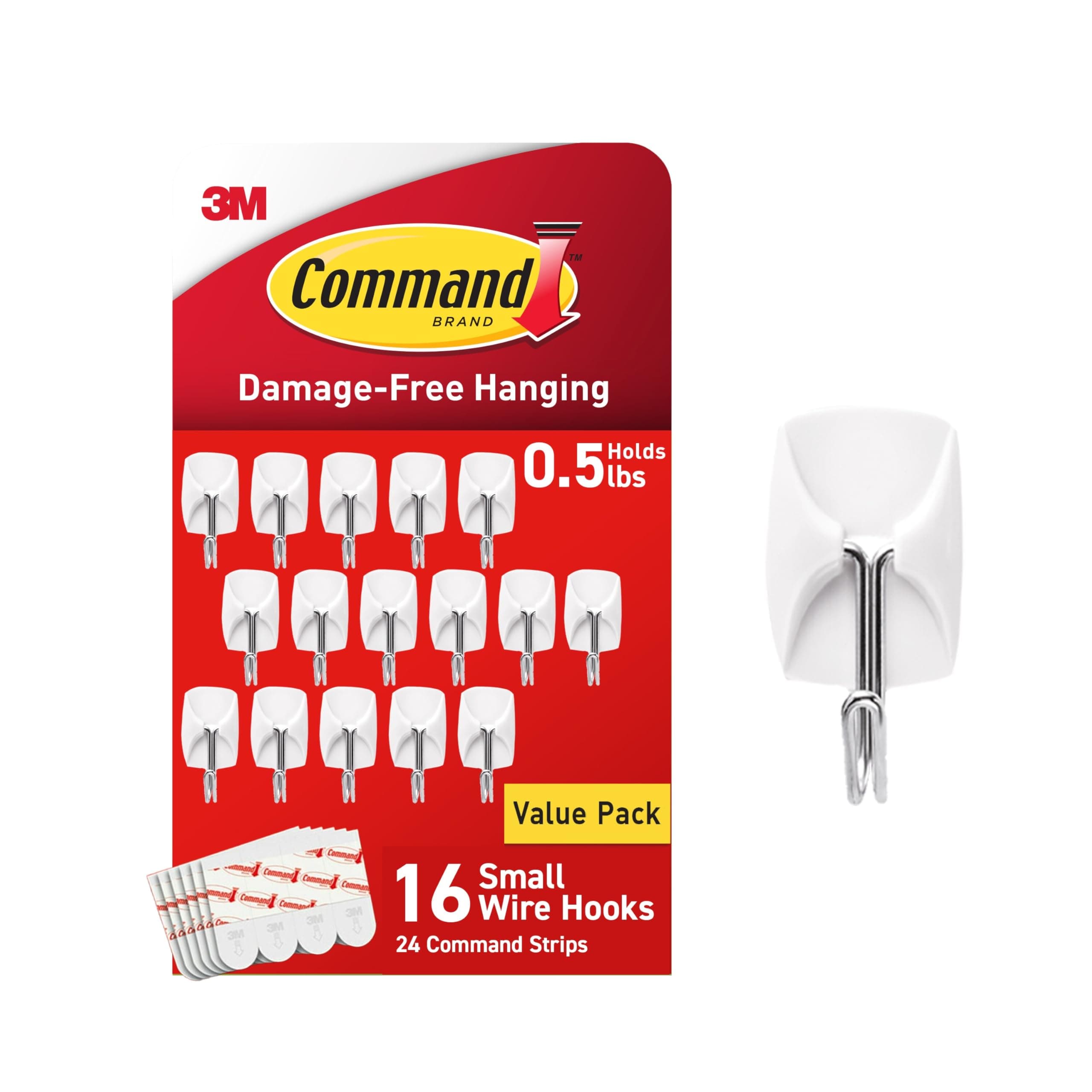 3M Command Small Wire Hooks for Hanging, Wall Hanger Adhesive Hooks, 16-Hooks, 24-Strips, Organize Damage-Free, White