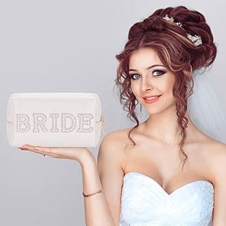 Etercycle Bride Letter Makeup Bag, Bride To Be Gifts Bling Pearl Rhinestone Patch Cosmetic Bag, Waterproof PU Travel Toiletry Bag for Bachelorette Party Women Wedding Bridal (Silver)