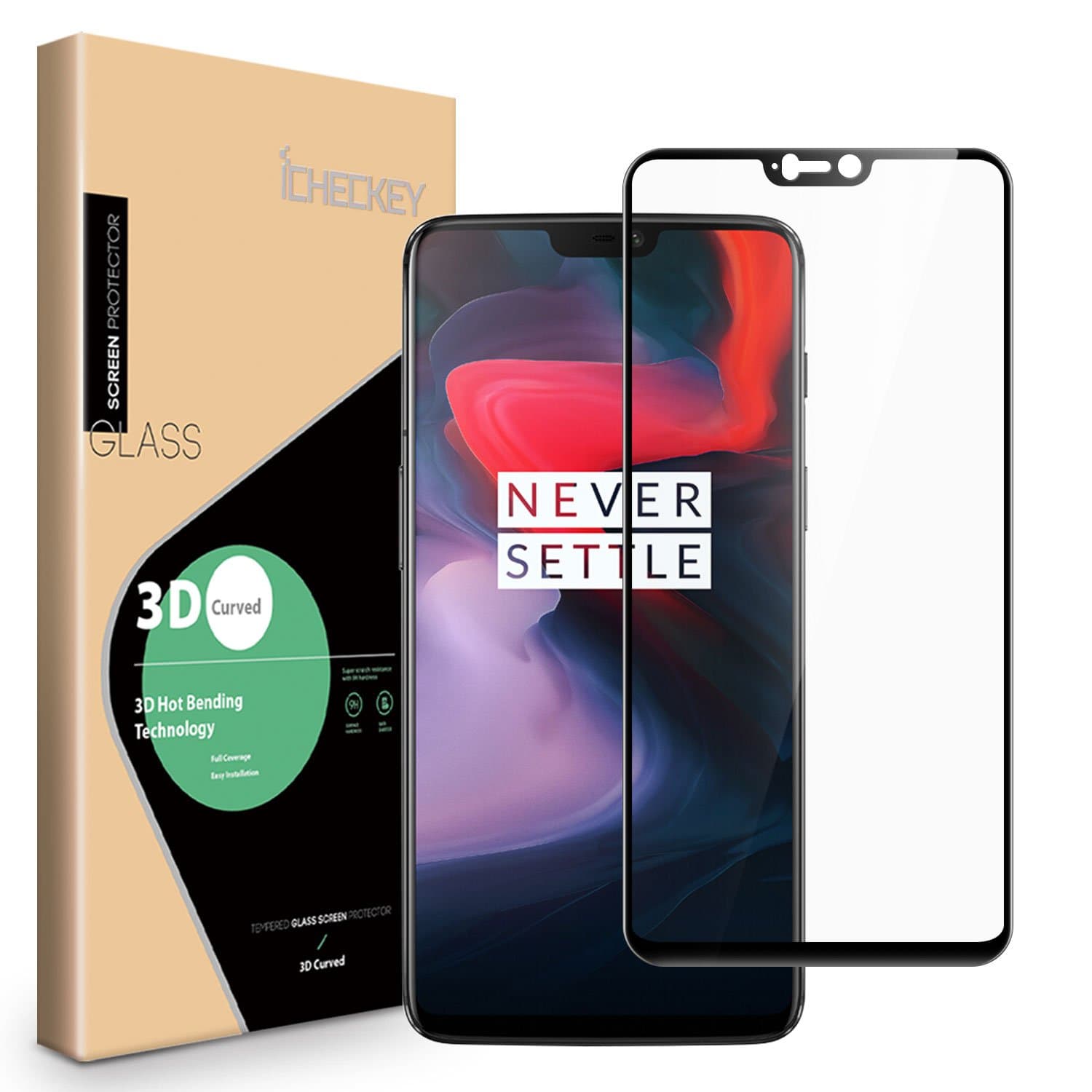 OnePlus 6 Screen Protector - [2 Pack] ICHECKEY [Full Adhesive] [3D Curved Edge ] Full Coverage Tempered Glass Screen Cover Shield for OnePlus6 - Black