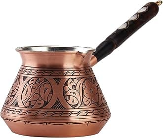 15 Oz Thickest Copper Turkish Greek Arabic Coffee Pot, Stovetop Coffee Maker, Cezve Ibrik Briki with Wooden Handle & Spoon, Hand Engraved (Matte Copper, 6 Servings)