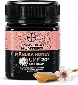 Manuka Hunters UMF 20+/MGO 830+ Certified New Zealand Manuka Honey - 100% Pure Natural Sweetener - Gluten, Dairy Free - Ideal for Tea, Coffee, Smoothies, and Baking - Sustainable - 8.8oz/250g Jar