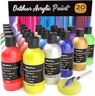Nicpro 20 Colors Large Bulk Outdoor Acrylic Paint Set (8.45 oz,250 ml) Rich Art Painting Supplies, Non Toxic for Multi Surface Canvas Rock Wood Leather Fabric Stone Metal Wall Craft with Color Wheel