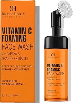 Vitamin C Foaming Face Wash with Papaya & Orange | Extracts Built-In Silicone Brush | Cleansing & Glowing Skin | Paraben & Sulphate Free | Face Cleanser for Women & Men | 5.1 fl oz