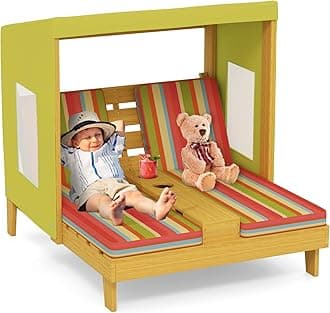 Costzon Kids Lounge Chair Outdoor, Wood Double Seat Chaise Lounge with Canopy, Cup Holders, Cushion, Backrest Recliner, Kids Patio Furniture, Gift for Boys Girls 3-8 Years Old
