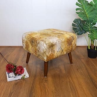 The Artage Puffy Stool For Living Room Vanity Dressing Table Sitting Printed Premium Foam Cushioned Pouffe Ottoman for Foot Rest In Yellow Brown Home Decor Furniture Wooden (Floral) (Traditional Hues)