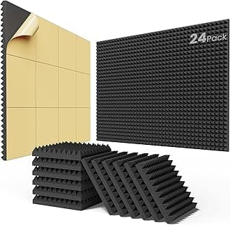 Upgraded 24 Pack Self-Adhesive Sound Proof Foam Panels for Walls 2" X 12" X 12"， Fast Expand Acoustic Panels with High Density, Pyramid Soundproof Wall Panels for Studio and Home Noise Reduction Black