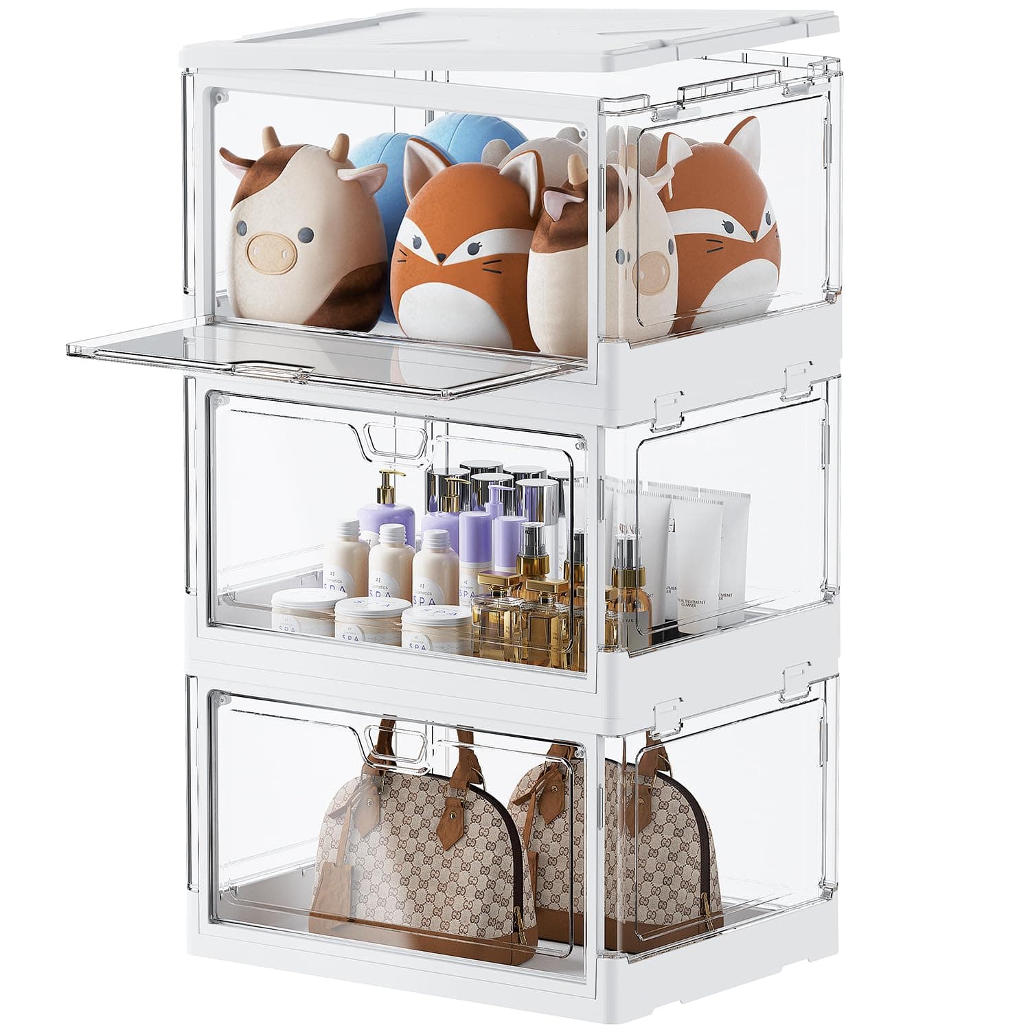 PRANDOMStackable Clear Storage Bins with Lids,70 Qt Plastic Collapsible Organizer Containers Boxes with Doors for Closet Living Room Bedroom White 15x11.2x8.7 x 3-Pack