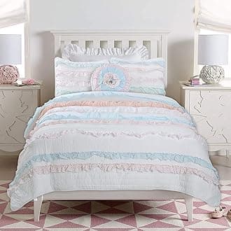 Cozy Line Home Fashions 100% Cotton Chic Ruffle Light Lavender Orchid Blue Flower Print Stripe Bedding Quilt Set, Reversible Coverlet, Bedspread (Chic Ruffle, Queen)