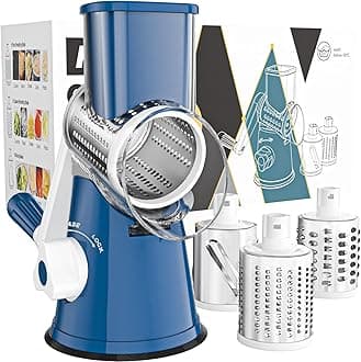 Rotary Cheese Grater Hand Crank Cheese Shredder for Fresh Cheese, Vegetable, Nuts,Non-slip Suction Base, Free Cleaning Brush Three Blades,Deep Blue