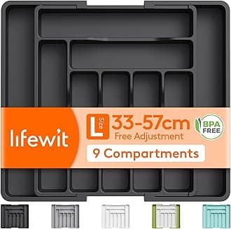 Lifewit Extendable Cutlery Drawer Organiser, Adjustable Cutlery Tray, Utensil Holder for Forks, Spoons, Knives, Plastic Kitchen Organiser and Storage, 9 Compartment, 33-57 x 38cm, Black