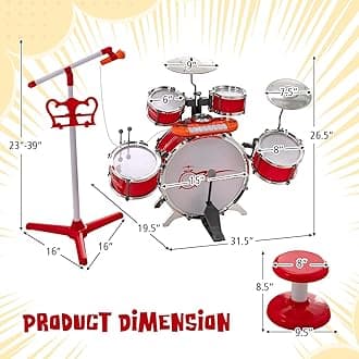 Costzon Kids Drum Keyboard Set with Stool & Microphone Stand, Jazz Drum Set with Cymbal, Multifunctional Digital Keyboard, DJ Kit, Music Stand, Percussion Instrument Toy for 3+ Boys & Girls (Red)