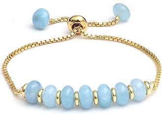 – Gempires Aquamarine Bolo Bracelet, Beaded Bracelet for Women, March Birthstone Jewelry, 14k Gold Plated Slider Chain, 6 to 8-inch Adjustable Bracelet